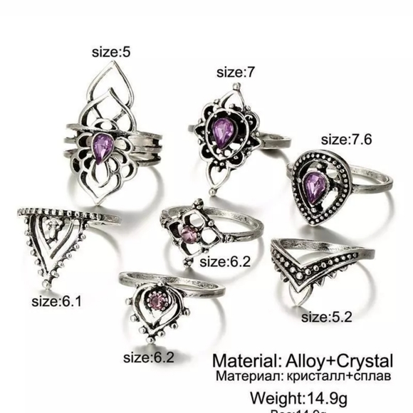 Nib 7 piece boho ring set, above knuckle silver - Picture 3 of 4